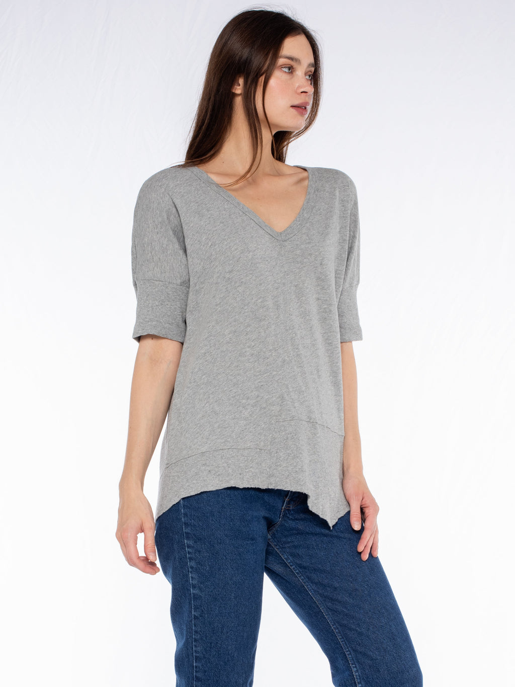 V-Neck Short Sleeve Tee w/ Rib Slanted Hem