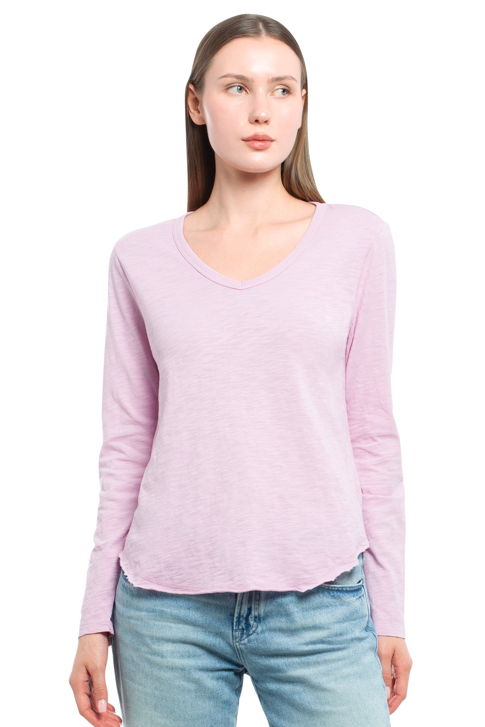 Long Sleeve V-Neck w/ Raw Hem Shirttail