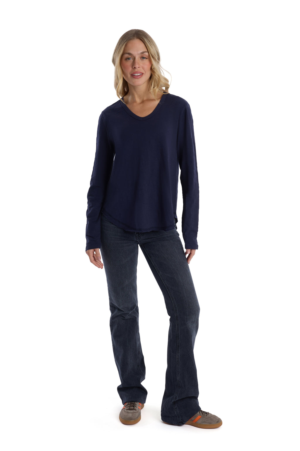 Long Sleeve V-Neck w/ Raw Hem Shirttail