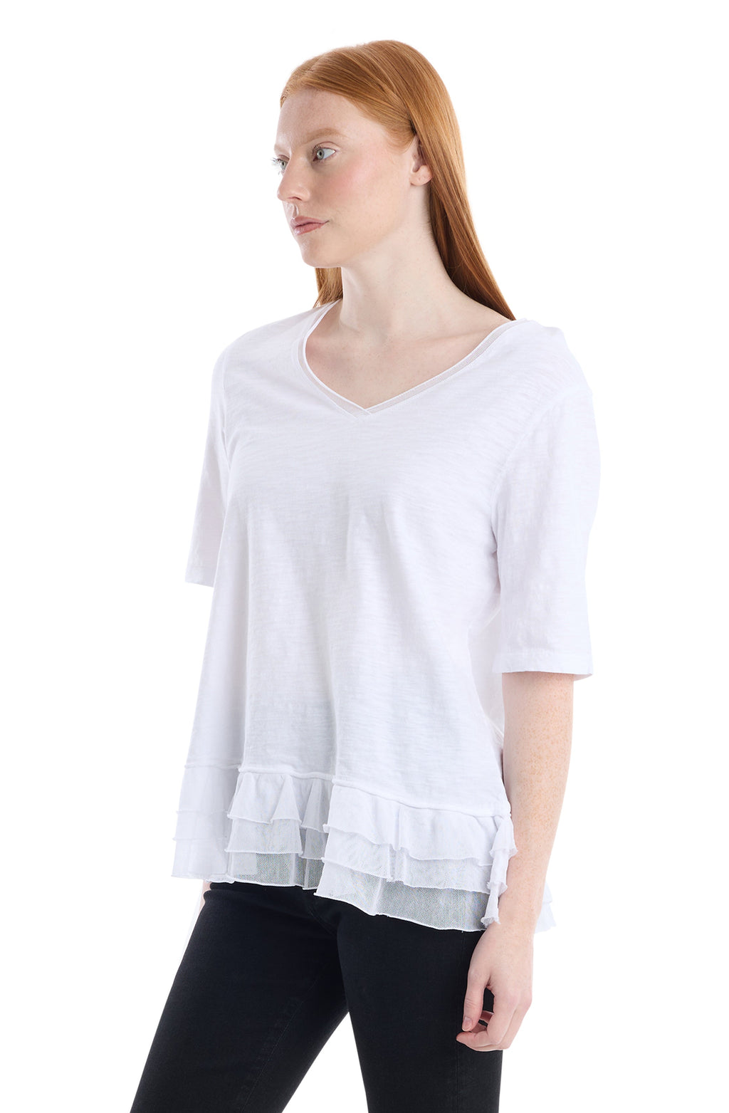 V-neck elbow sleeve mixed media
